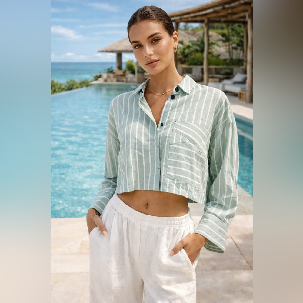 KOTN Mint Green and White Striped Button-Up Cropped Long Sleeve Organic Cotton